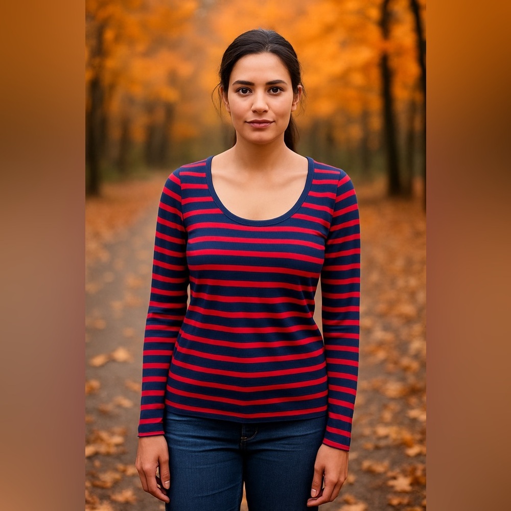 Boden Red and Navy Blue Striped Scoop Neck Top Size 6